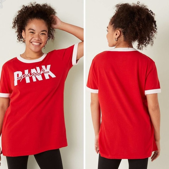 PINK Victoria's Secret Tops - PINK Victoria's Secret Red Short Sleeve Ringer Tee New With Tags Size Me…